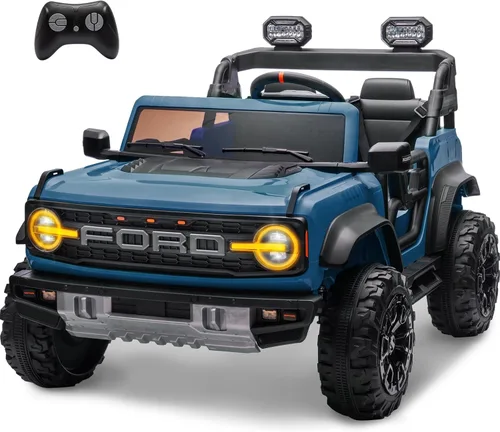ENYOPRO coche de 2 plazas para niños de 24V con licencia Ford Bronco Raptor, camioneta eléctrica de juguete con control remoto, absorción de Azul