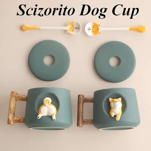 Miniatura 3 de Taza de Pareja de Perros Linda, Taza de Café de Cerámica con Tapa, Patas en la Parte Superior de la Cuchara, Bonito Diseño Tridimensional de Shiba