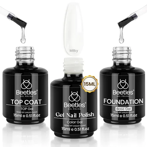 Beetles - Juego de 3 esmaltes de uñas de gel blanco lechoso que no se limpia, capa superior y base de 0.5 onzas líquidas, color nude gelatina de Gel