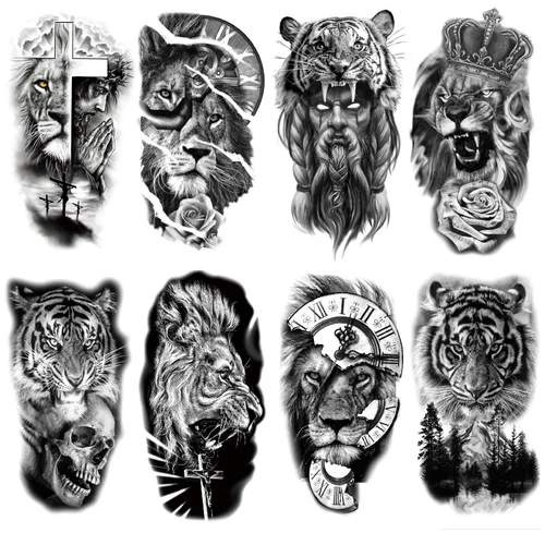 8 hojas de calcomanías temporales para tatuajes temporales de pierna de brazo de león del bosque, Jesús, cráneo, cráneo, rosa, corona de rosas,