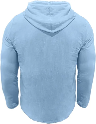 Miniatura 4 de Camisas de algodón y lino para hombre, estilo retro, hippie, guayabera, con capucha, manga larga, cuello en V, con botones, sudaderas con capucha