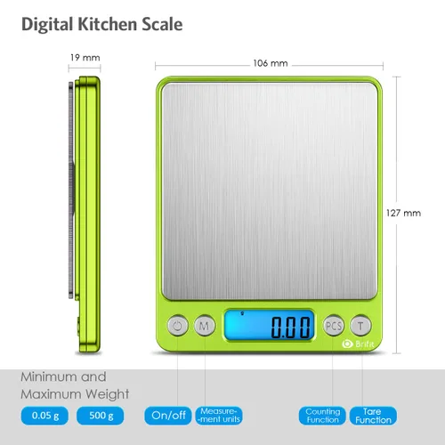 Miniatura 5 de AMIR Báscula digital de cocina, 17.64 oz - 0.00 oz, mini báscula de bolsillo para joyas, báscula de alimentos para cocinar con pantalla LCD Verde