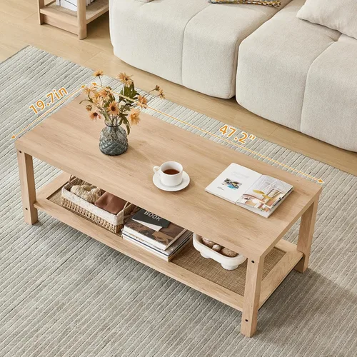 Miniatura 3 de Lerliuo - Mesas de café boho para sala de estar, mesa central de ratán con estante de almacenamiento abierto, madera natural