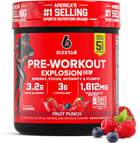 Six Star Polvo de preentrenamiento para hombres y mujeres, ponche de frutas (30 porciones) - Bebida en polvo de energía Preworkout Explosion 2.0 con