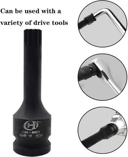 Miniatura 3 de Utoolmart Broca de impacto negra, 1/2 pulgada M12 Impact Triple Square Spline Socket, acero al molibdeno cromado, herramienta de reparación de broca