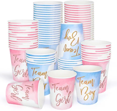 Whaline 50 vasos de papel desechables para fiesta de revelación de género, color rosa, azul, equipo niña, equipo niño, tazas desechables para