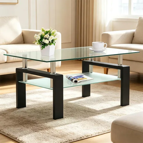 Miniatura 4 de Meihua Mesa de Centro de Vidrio Rectangular de 2 Niveles Mesa de Té Mesa de Centro Moderna para Sala de Estar Transparente