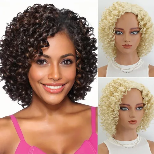 Miniatura 18 de XIUFAXIRUSI XIUFAXIRUSI Pelucas afro rizadas para mujeres negras, pelucas cortas rubias rizadas con parte lateral, peluca de pelo sintético completo