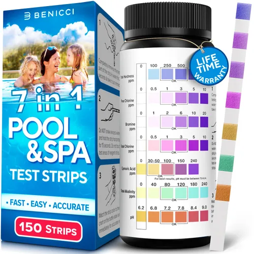 Tiras de prueba 7 en 1 precisas para piscina, 150 tiras de prueba de spa para bañera de hidromasaje, kit de prueba rápida de agua de piscina, bromo,