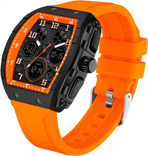 Miniatura 10 de Relojes para hombre, únicos rectángulos, reloj de pulsera blanco con pantalla digital analógica de doble hora, cronómetro de cuenta regresiva, Negro