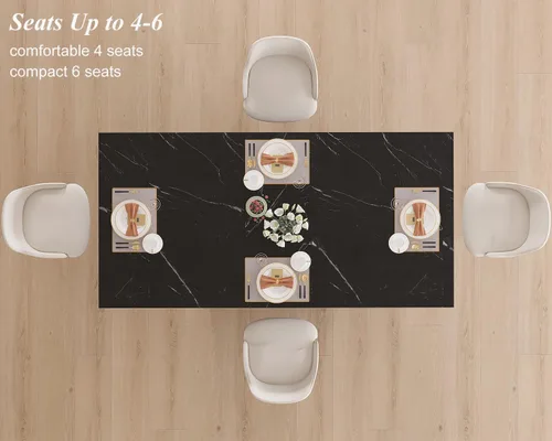 Miniatura 6 de HSH Mesa de comedor de 55 pulgadas para 4, moderna mesa de comedor de mármol sintético negro, mesa de cocina rectangular con pedestal resistente