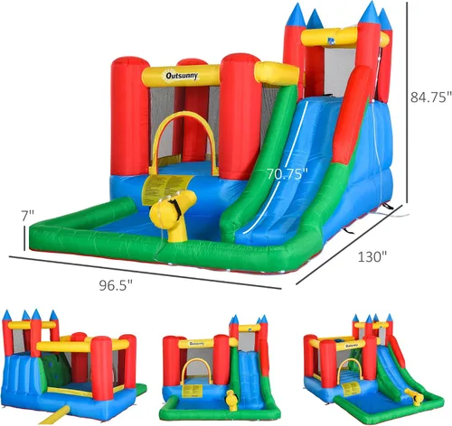 Miniatura 7 de Outsunny Tobogán acuático inflable 6 en 1 para niños con piscina, cañón de agua, pared de escalada, inflador incluido, castillo de salto para niños