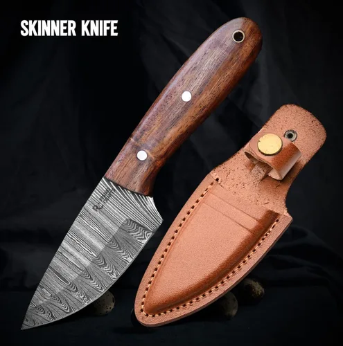 Miniatura 7 de Cuchillo de caza, hoja fija con vaina, desolladora táctica, supervivencia, hecho a mano, cuchillo de campamento de Damasco, cuchillo de espiga