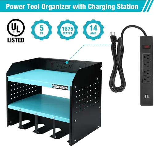 Miniatura 3 de DURATECH Organizador de herramientas eléctricas para montaje en pared con regleta eléctrica, acero al carbono, azul, 16.8 pulgadas de ancho, 10.9