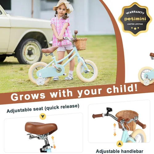 Miniatura 4 de Petimini Vintage Kids Bike for Girls, 12–20 Inch Classic Bicycle with Wicker Basket & Bell, High Tensile Steel Frame, Training Wheels (12–18”), 85%