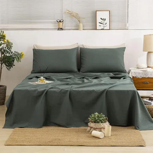 TUMEI 100% Sábana de Lino Queen - Juego de 4 piezas de sábanas de lino tamaño Queen en color verde. Juego de cama tamaño Queen con sábana bajera