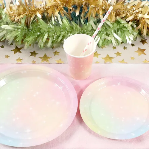 Miniatura 5 de Recheel Suministros de decoración para fiesta de cumpleaños de pastel, juego de platos de papel y servilletas de temática arcoíris con vasos