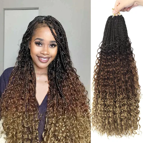Miniatura 47 de Goddess Box Braids - Trenzas de cabello a ganchillo con extremos rizados, trenzas de caja bohemianas de 16 pulgadas, trenzas de ganchillo, 8 1B-4-30