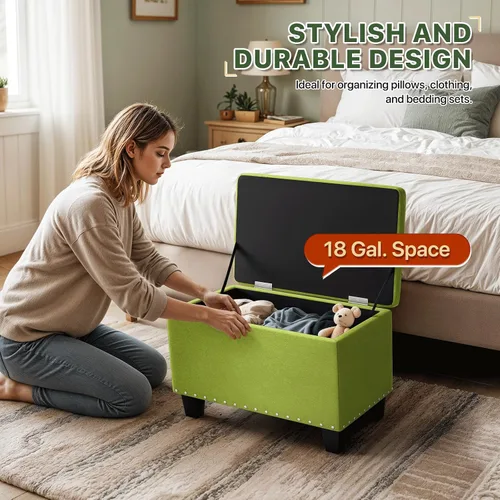 Miniatura 6 de MoNiBloom Banco otomano de 24 pulgadas con almacenamiento para dormitorio, banco contemporáneo de lino verde copetudo, reposapiés, taburete otomano