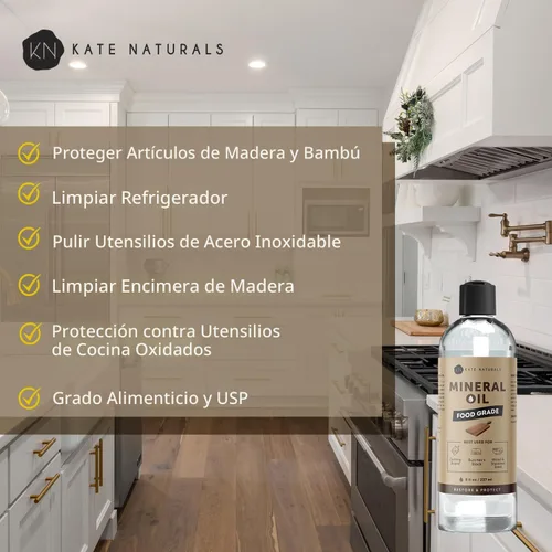 Miniatura 3 de Kate Naturals Aceite mineral para tabla de cortar madera, bloque de carnicero y cuchillo. Aceite mineral de grado alimenticio para tabla de cortar