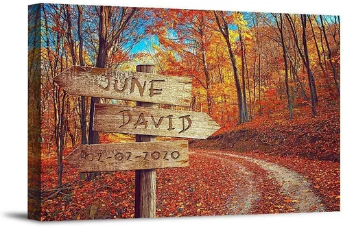 Miniatura 23 de Bosque Otoñal Foto o Impresiones en Lienzo Personalizadas Únicas con Nombres de la Pareja y Fecha Especial en Letrero, Regalo Perfecto