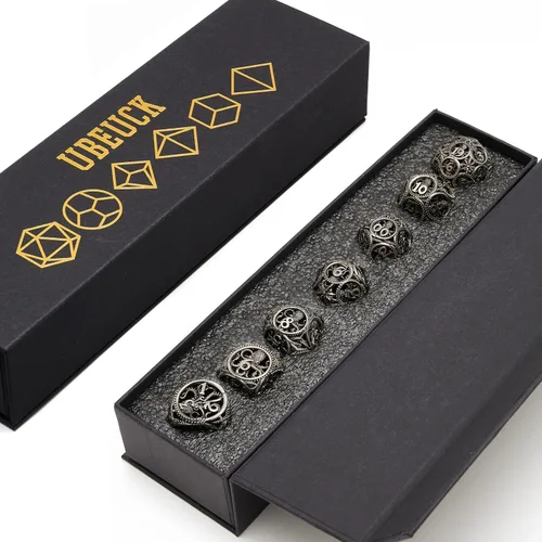Miniatura 7 de Dados DND, dados de metal huecos D&D, juego de dados de mazmorras y dragones con caja de regalo, 7 piezas de juegos de dados poliédricos steampunk