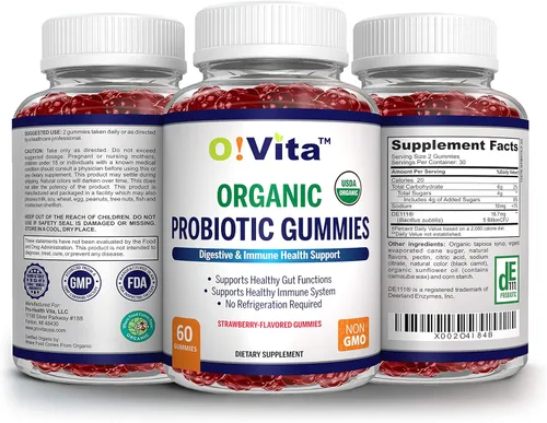 Miniatura 5 de Gomitas probióticas orgánicas, 5 mil millones de UFC, fuerza máxima, sabor a fresa, salud intestinal y apoyo inmunológico para hombres, mujeres