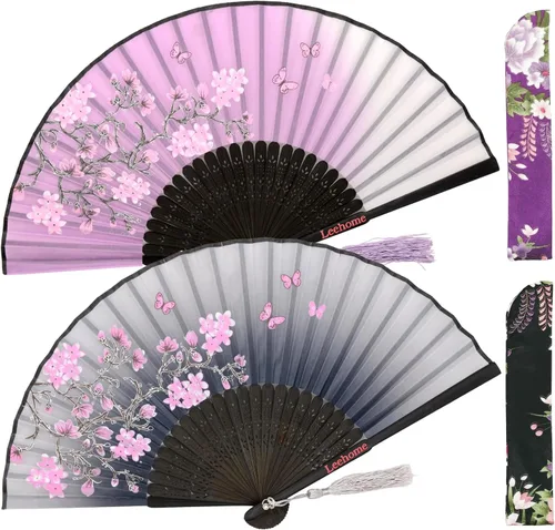 Miniatura 14 de Abanicos de mano plegables pequeños para mujer, 2 abanicos chinos japoneses de seda de bambú vintage, para baile, festival de música, boda, fiesta