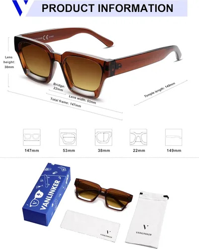 Miniatura 119 de VANLINKER Gafas de sol cuadradas gruesas para hombres y mujeres, retro, rectangulares, con protección UV400, VL9731