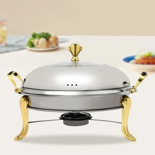 Miniatura 10 de Plato redondo para rozar, de acero inoxidable, para bufé, 2.5 L, calentadores de bufé con soporte de combustible (9.4 in dorado)