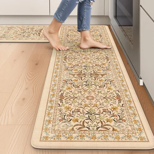 Miniatura 19 de Collive Tapete Anti Fatiga para Piso de Cocina, Tapetes de Cocina con Diseño Floral Primaveral para Piso Juego de 2, Alfombras para Fregadero Beige