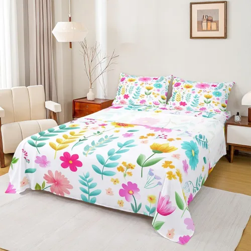 Manfei Juego de sábanas de acuarela floral tamaño individual, juego de ropa de cama con flores botánicas, juego de sábanas de dibujos animados con