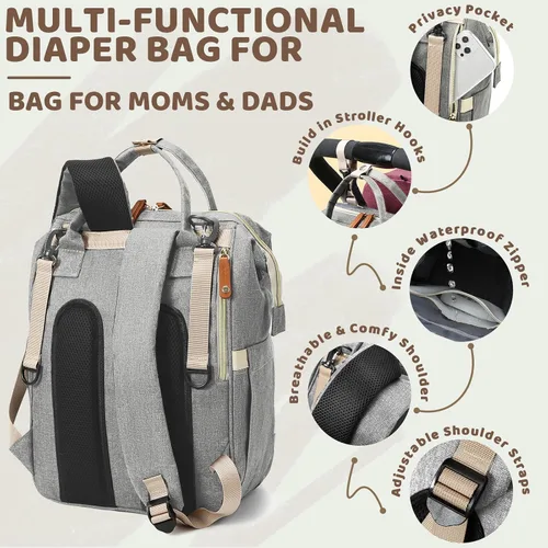 Miniatura 5 de Mochila de Pañales para Niñas y Niños: Mochila Gris para Pañales con Cambiador para Bebé, Mochila de Pañales para Mamá y Papá, Pañaleras para Bebé