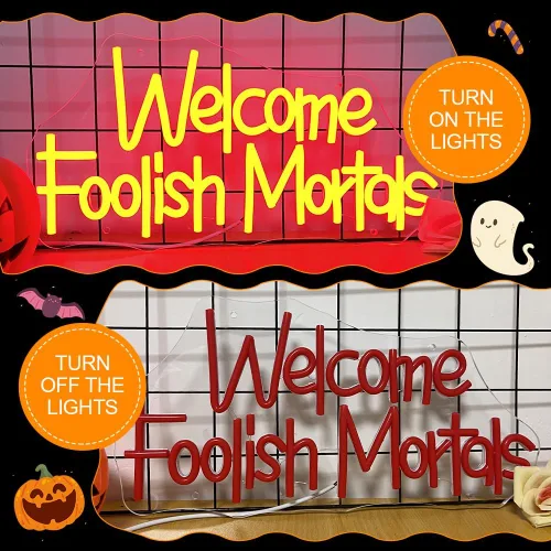 Miniatura 5 de Letrero de neón de Welcome Foolish Mortals, funciona con pilas, para fiesta de Halloween, puerta de casa embrujada, decoración de Halloween