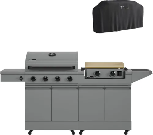 Miniatura 19 de Tytus Anaheim 4-Burner Gas Grill with Prep Cart and Charcoal Grill + Cover, Light, Griddle Insert - Modular Outdoor Kitchen, Quick Assembly, Outdoor