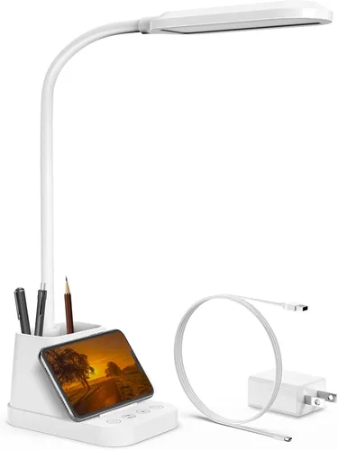AXX - Lámpara LED blanca de escritorio con puerto de carga USB, luz de mesa con cuello de cisne flexible, 650 lm, soporte para teléfono, soporte