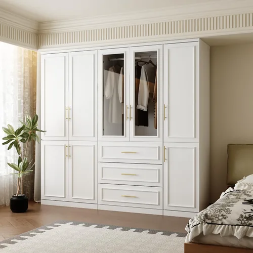 Miniatura 10 de FUFU&GAGA Armario estrecho con 2 puertas, moderno armario blanco para dormitorio con asas doradas, armario moderno de almacenamiento de ropa