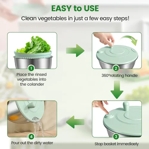 Miniatura 5 de Ensaladera de acero inoxidable 3 en 1, base antideslizante y parada con un solo toque, secadora de verduras para cocinas, fiestas y personas