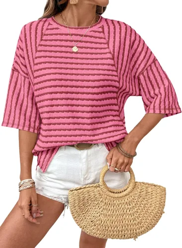 Miniatura 15 de Dokotoo Camisetas de verano para mujer, camisetas de gran tamaño para mujer, a rayas, bloques de color, manga corta, cuello redondo, blusas casuales