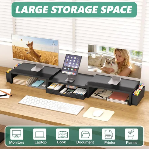 Miniatura 5 de OPNICE Soporte elevador de monitor doble con cajón y 2 soportes para bolígrafos, organizador de escritorio para suministros de oficina, soporte