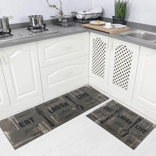 Miniatura 14 de Carvapet Juego de 2 alfombras de cocina con respaldo antideslizante, tapete para cocina, corredor de entrada, diseño de lema, negruzco/gris oscuro