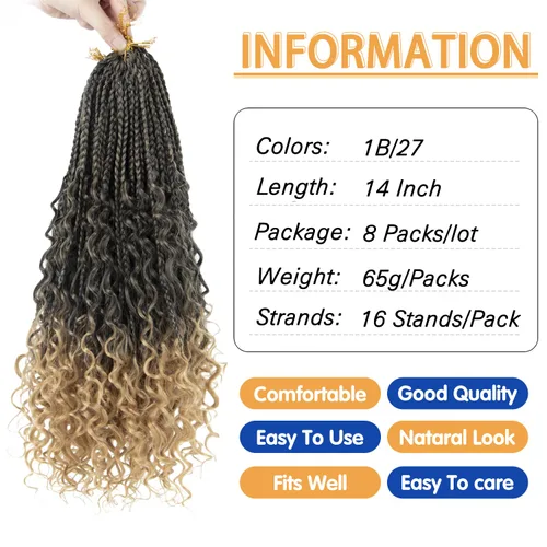 Miniatura 2 de Goddess Box - Trenzas de ganchillo con puntas rizadas de 14 pulgadas, paquete de 8 paquetes, extensiones de cabello sintético preanudado