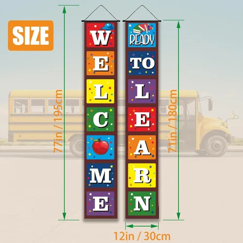 Miniatura 3 de Cartel de bienvenida de regreso a la escuela para el primer día de escuela, decoración colgante listo para aprender, decoración de telón de fondo