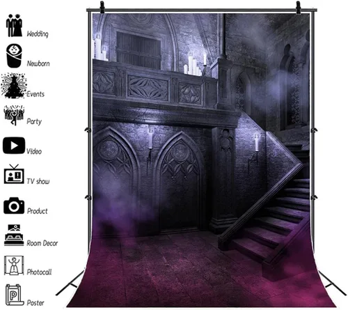 Miniatura 2 de AOFOTO Telón de fondo de 3 x 5 pies con diseño de castillo de estilo gótico sombrío para fotografía, habitación aterradora, noche de Halloween