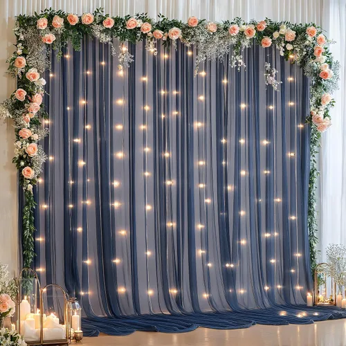 Miniatura 33 de Cortina de telón de fondo de tul azul bebé de 10 x 8 pies con cadena de luces para fiestas, cortinas de fondo transparentes para bodas, baby shower