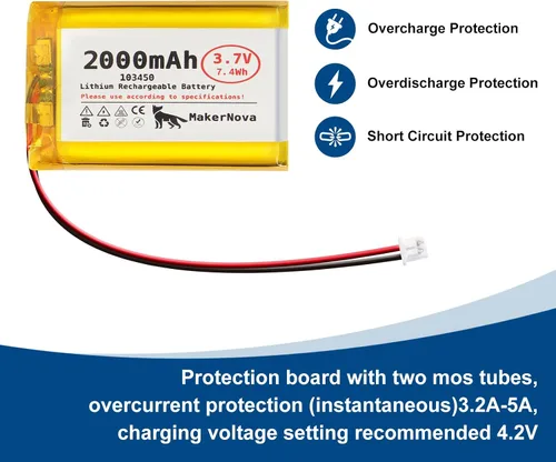 Miniatura 6 de Batería LiPo de 3.7V 103450 2000mAh, recargable 1S 3C, conector Micro JST 1.25, placa de protección dual, paquete de 4