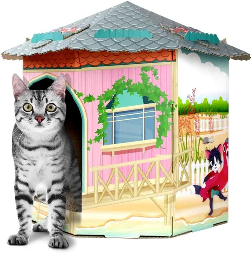 American Cat Club Casa para gatos con rascador y hierba gatera incluidos - Casa de playa
