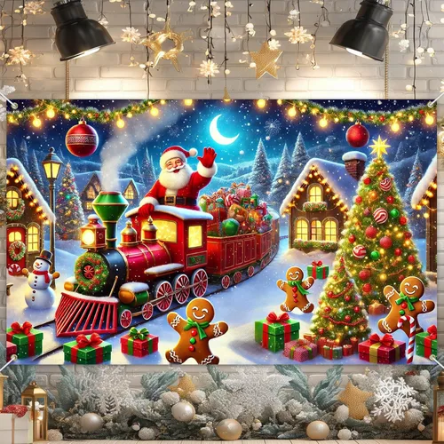 Miniatura 17 de BlissYard Cartel de Feliz Navidad de 71 x 43 pulgadas, fondo rojo y dorado, caja de regalo, fondo de fotografía, fondo de fotografía para interiores