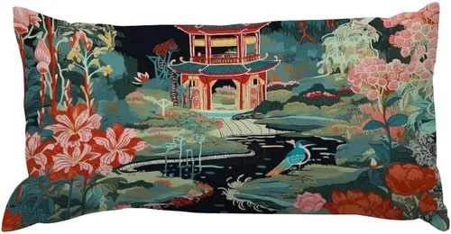 Miniatura 20 de Chinoiserie Throw Pillow Case Red Peony Floral Lumbar Pillowcases Asian Style Decorative Pillow Home Cotton Linen 12x18 Rustic Cushion Cover for