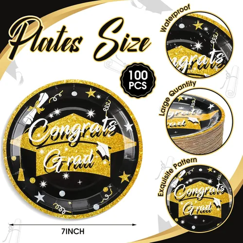 Miniatura 3 de Sabary 100 platos de postre de papel de graduación 2026, color negro, 7 pulgadas, suministros para fiesta de graduación, platos de clase de 2026